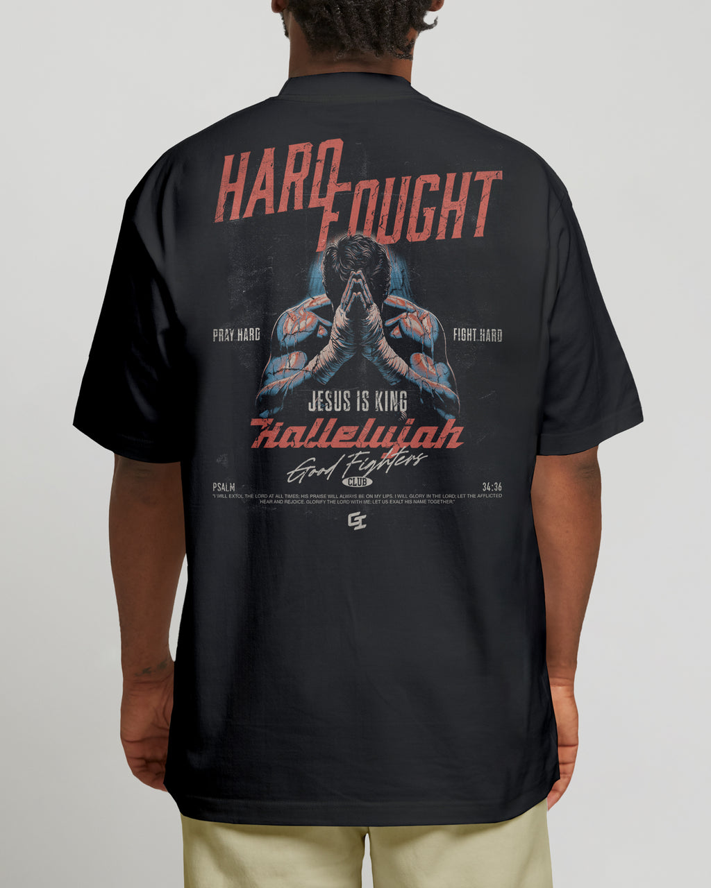 'Pray Hard, Fight Hard' Oversized Faded T-Shirt