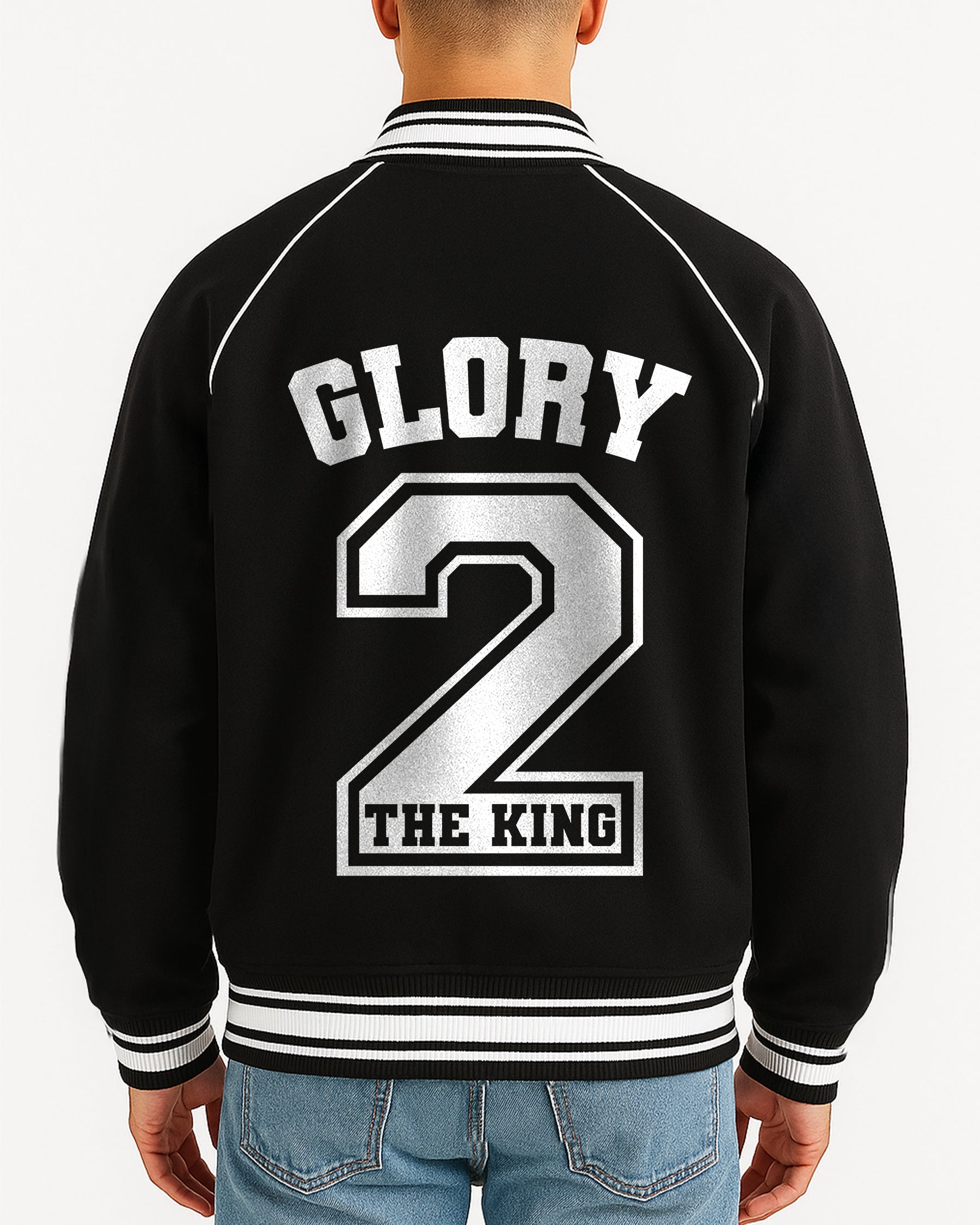 'Glory 2 The King' Contrast Trim Raglan Varsity Jacket