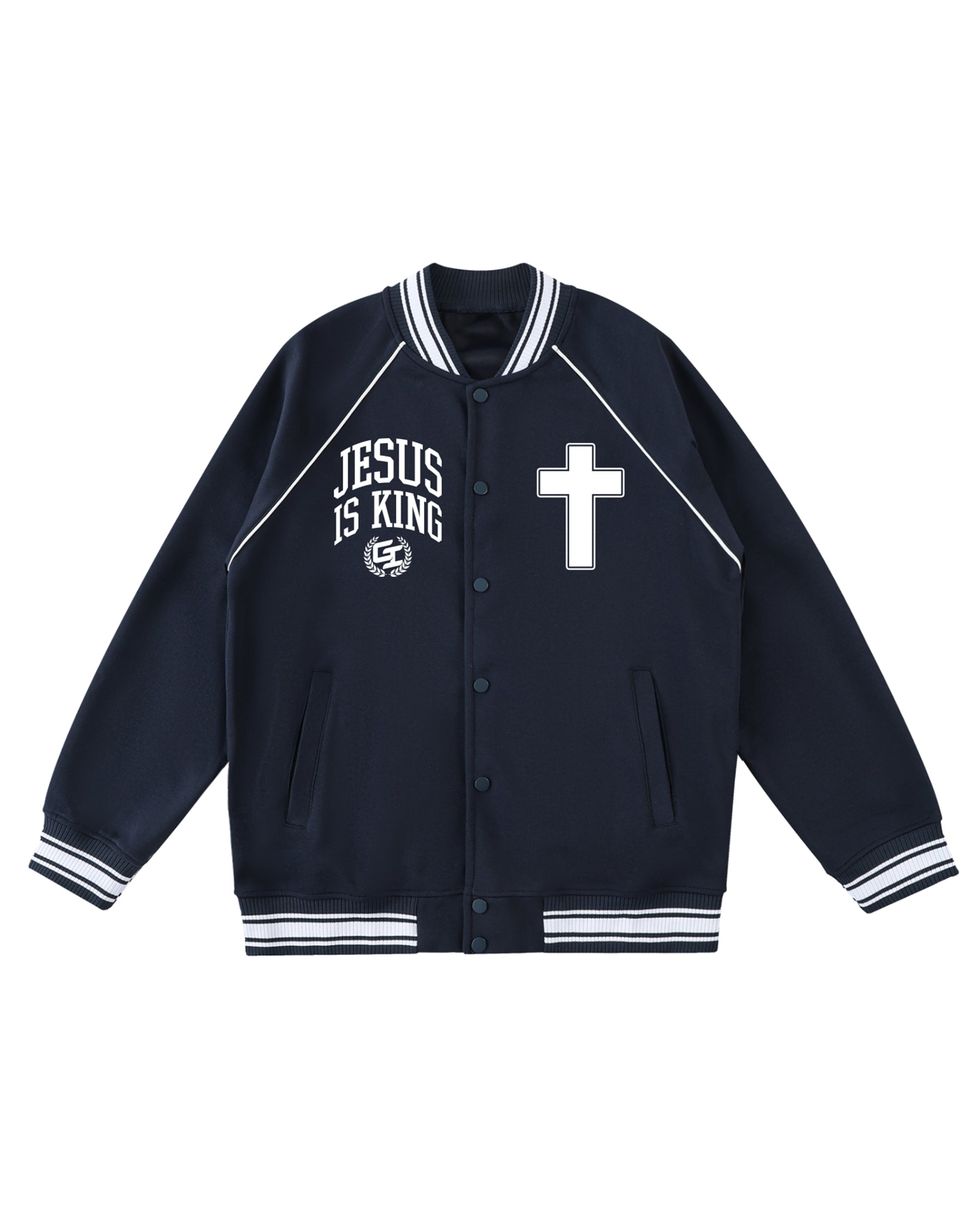 'Glory 2 The King' Contrast Trim Raglan Varsity Jacket