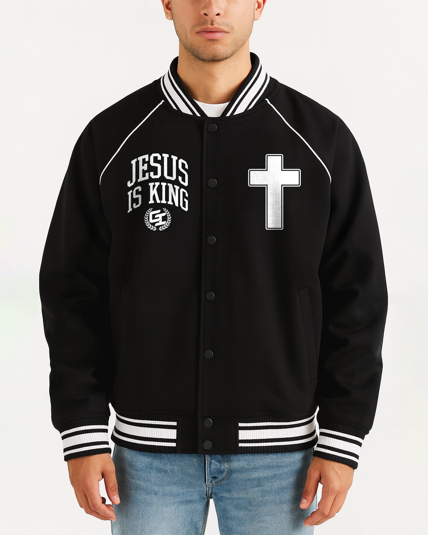 'Glory 2 The King' Contrast Trim Raglan Varsity Jacket